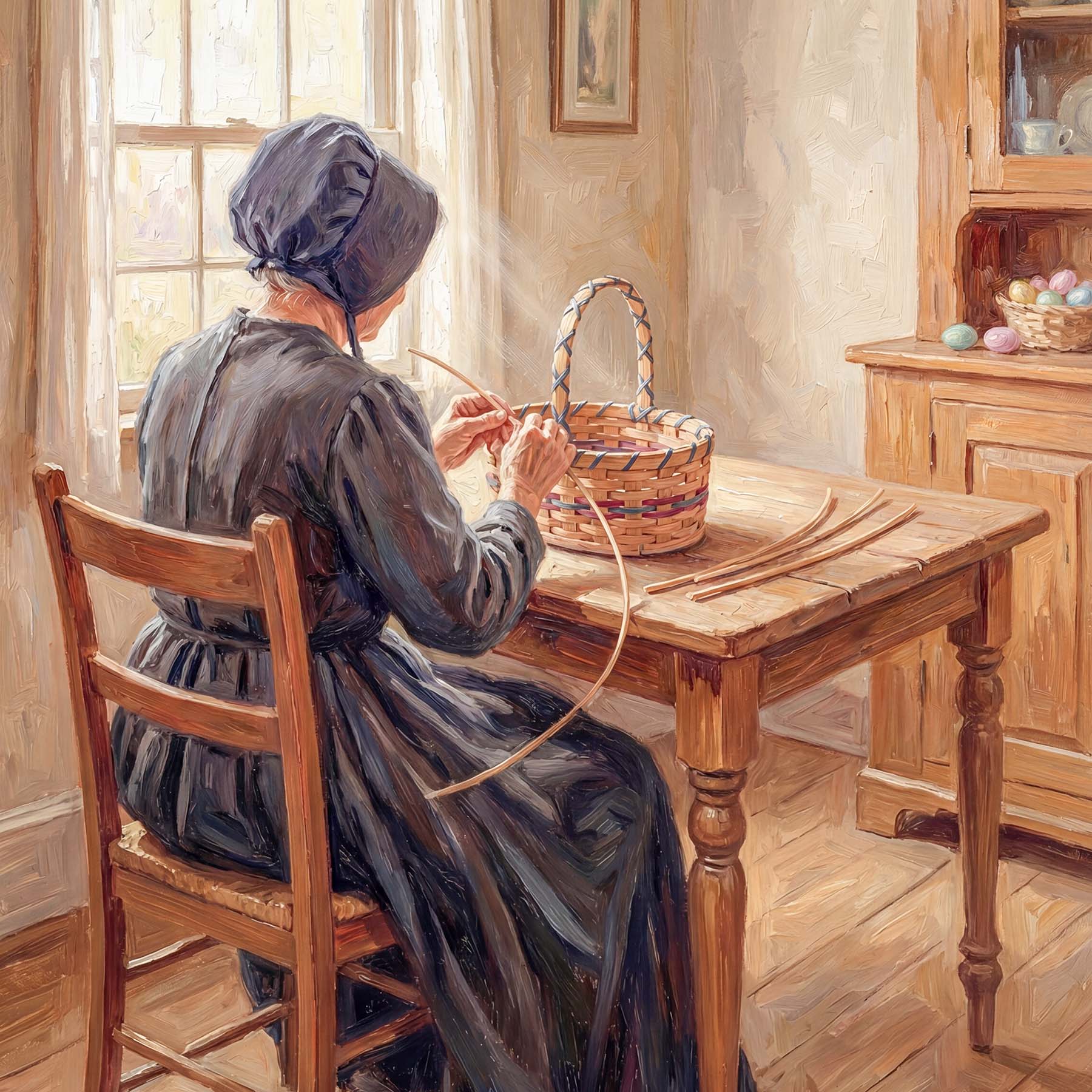 Painting of an Amish woman hand-weaving an Easter basket at a wooden table