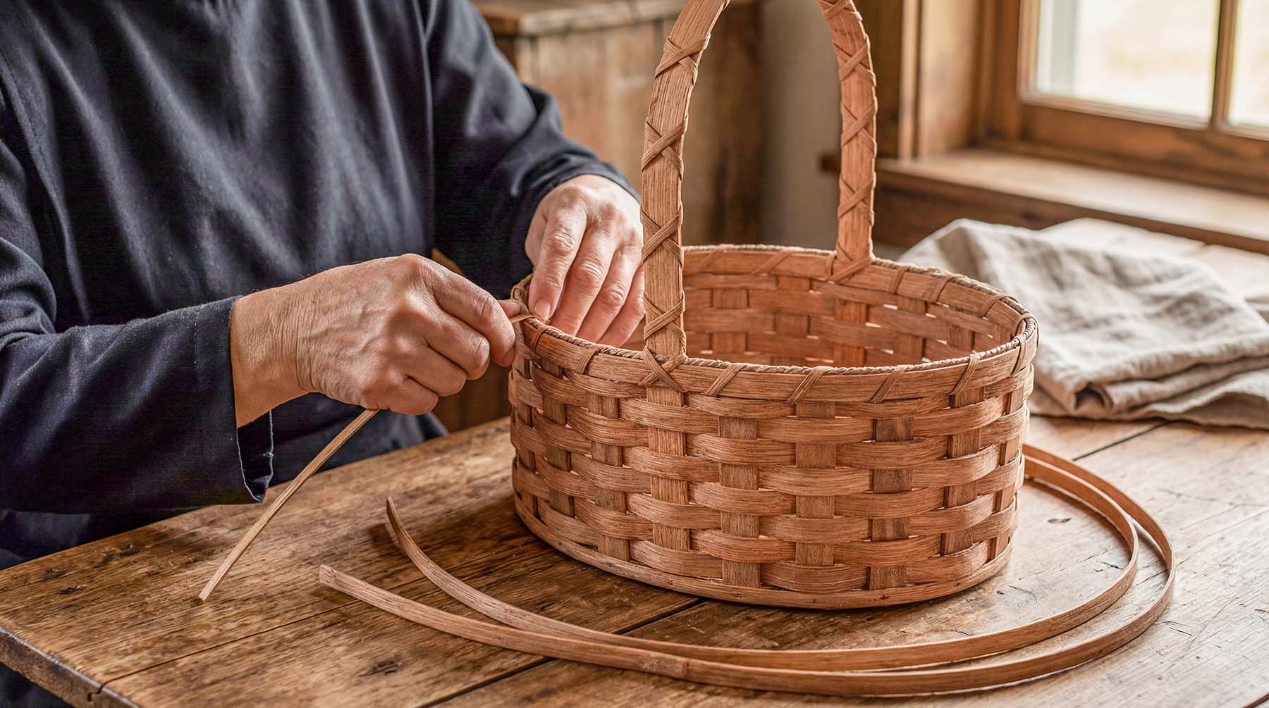 Amish crafter hand-weaving an Easter basket