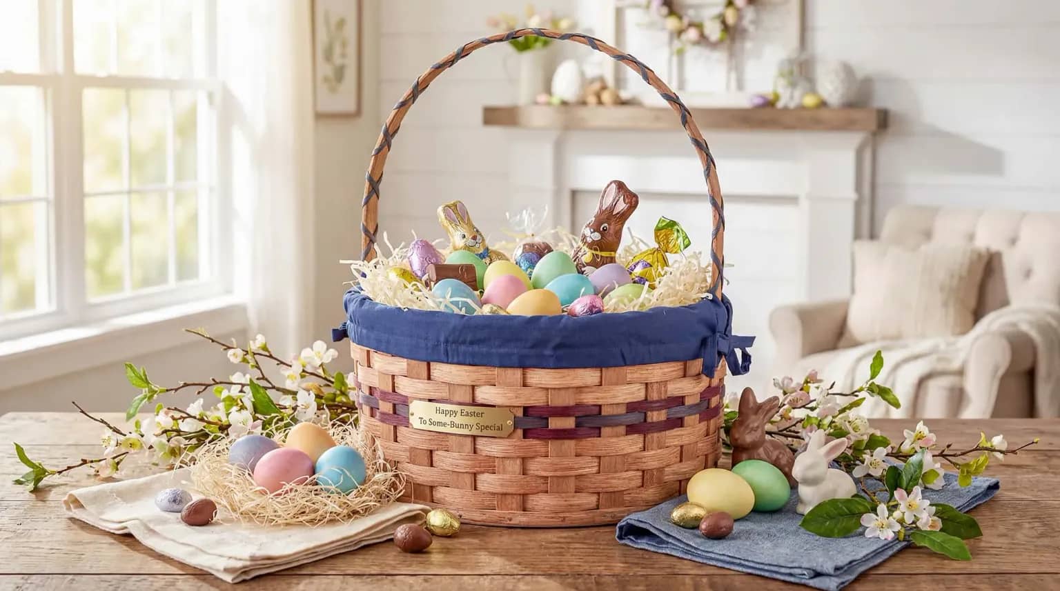 Handcrafted Amish Easter basket filled with colorful eggs, chocolate bunnies, and a navy blue liner on a rustic table