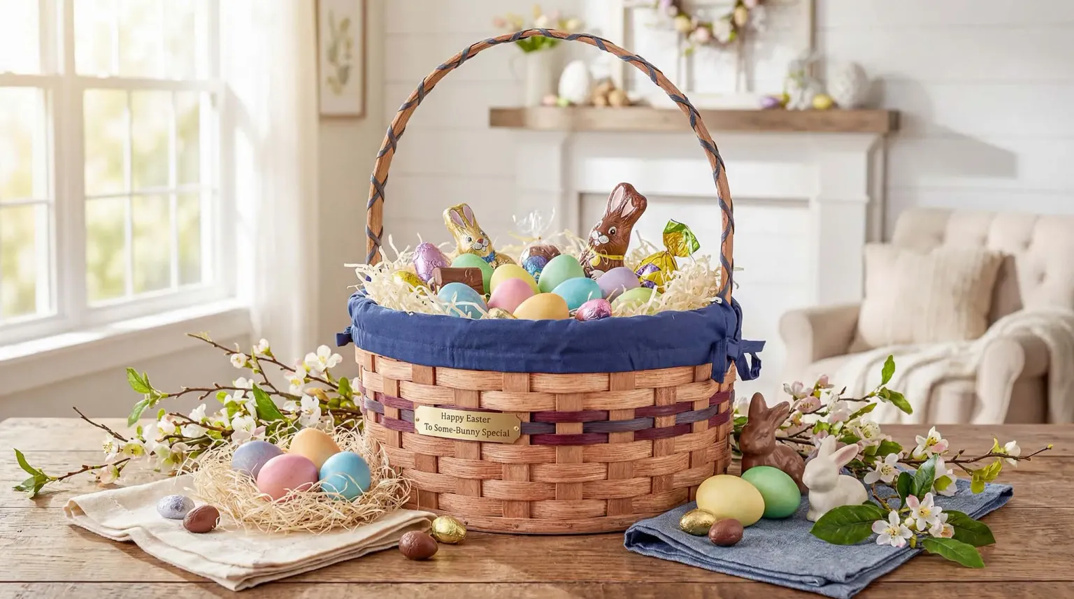 Handcrafted Amish Easter basket filled with colorful eggs, chocolate bunnies, and a navy blue liner on a rustic table
